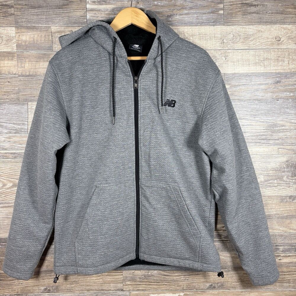 New Balance Full Zip Faux Sherpa Lined Black Gray Hoodie Men's Size Medium WARM